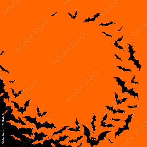 Square Halloween banner with black bats on the orange background. Illustration with a place for text.
