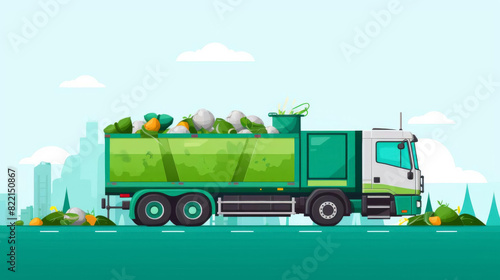 Green garbage truck collecting waste in city.