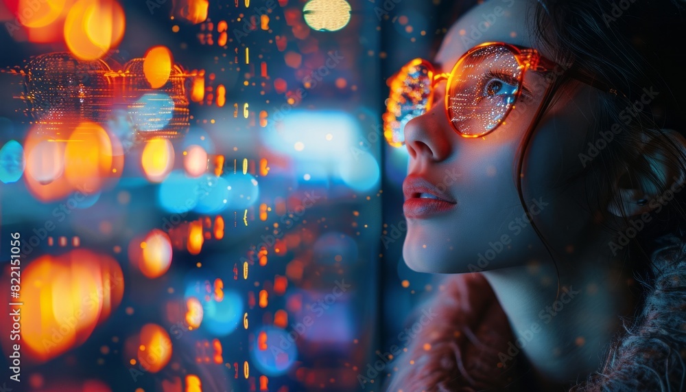 Woman Wearing Glasses Looking Out a Window at City Lights Woman Wearing Glasses Looking Out a Window at City Lights