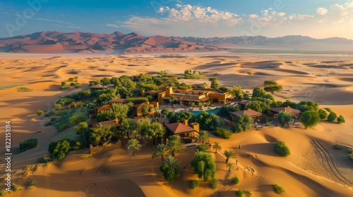 A vibrant desert oasis nestled among towering sand dunes, panoramic landscape photo
