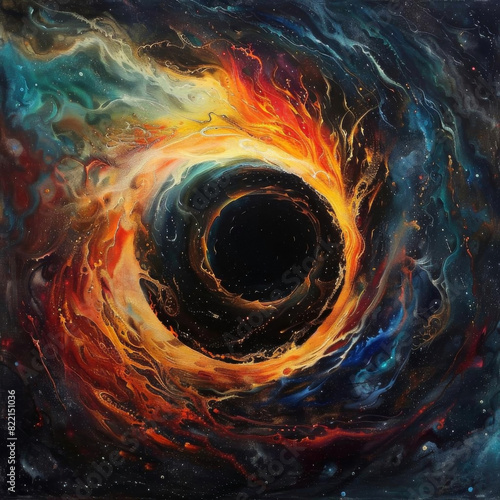 Abstract painting depicting a black hole surrounded by swirling colors.