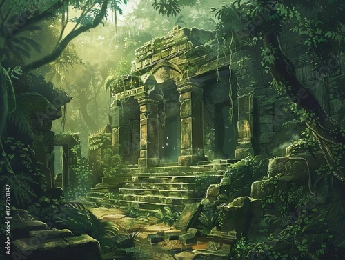 Ancient temple ruins overgrown with lush vegetation in a tropical jungle.