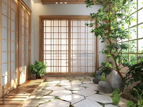 Picture a Japanesestyle shoji office door with rice paper panels and wooden framing photo