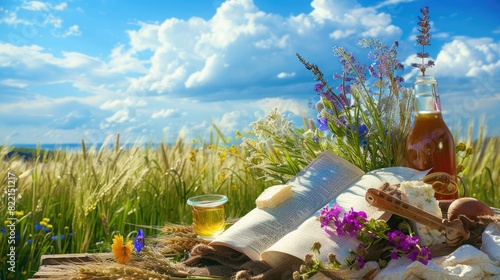 shavuot holiday background featuring a bottle of beer and a book on a wooden table, surrounded by tall grass and a purple flower, under a white and blue sky photo