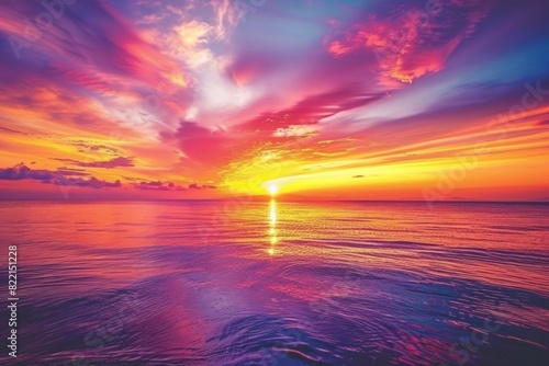 A vibrant sunset painting the sky in streaks of orange  purple  and pink  reflected in the calm ocean water