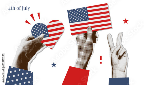 Halftone collage hands holding USA flag in the shape of a heart, showing victory gesture. Independence day greeting card template. Vintage vector illustration.