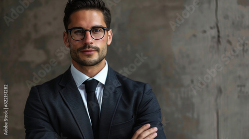 Handsome businessman in suit and glasses cross arms chest and look