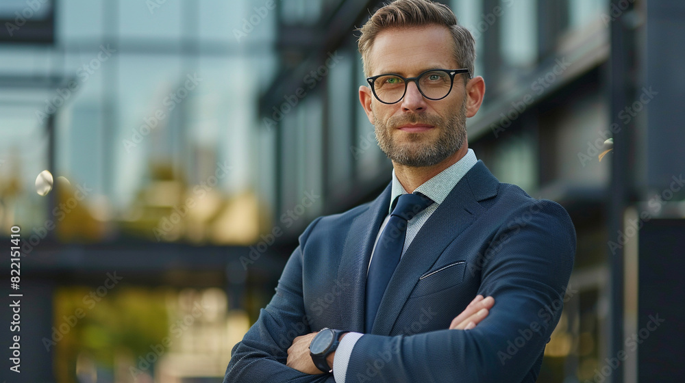 Fototapeta premium Handsome businessman in suit and glasses cross arms chest and look