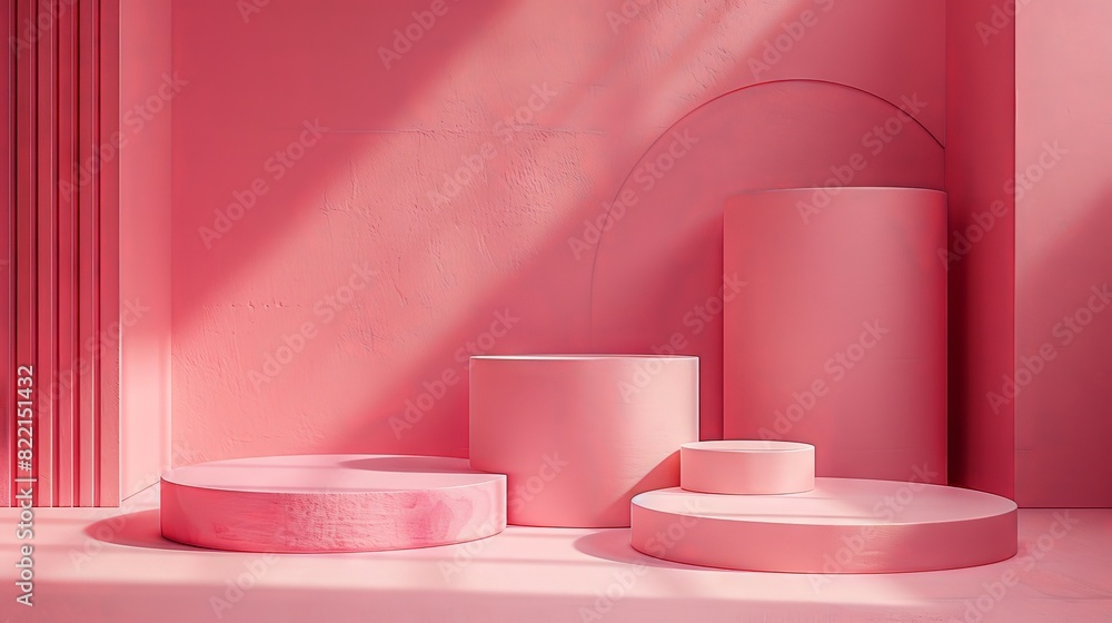 A creative podium layout with asymmetrical platforms arranged in a dynamic composition. The backdrop is a solid color, providing a simple and clean setting that draws attention to the product A creative podium layout with asymmetrical platforms arranged in a dynamic composition. The backdrop is a solid color, providing a simple and clean setting that draws attention to the product