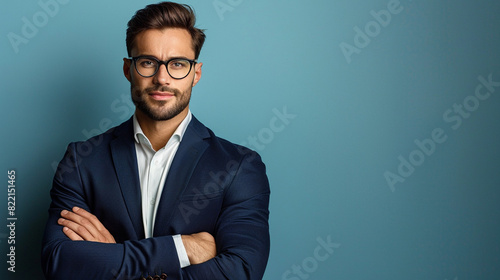 Handsome businessman in suit and glasses cross arms chest and look
