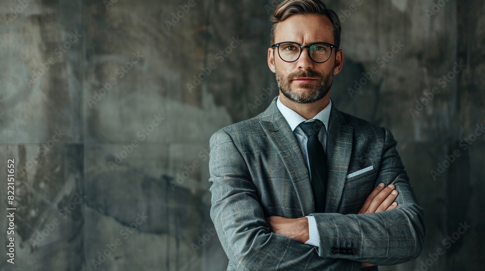 Handsome businessman in suit and glasses cross arms chest and look Handsome businessman in suit and glasses cross arms chest and look
