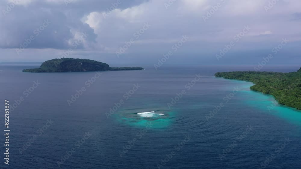 Drone top video of emerald reef in turquoise sea. Soothing ocean landscape. Sanma, Vanuatu. Tourism. Drone top video of emerald reef in turquoise sea. Soothing ocean landscape. Sanma, Vanuatu. Tourism.
