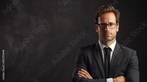 Handsome businessman in suit and glasses cross arms chest and look