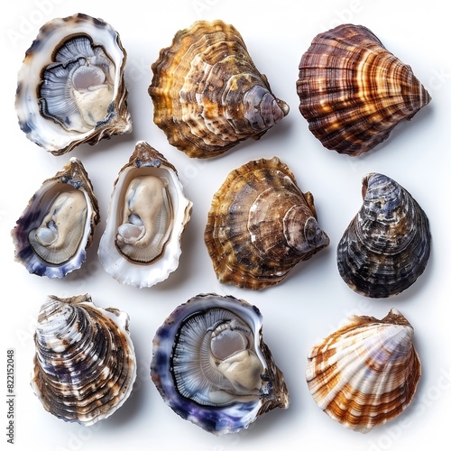 Open fresh shell raw molluscs delicious seafood shellfish collection, sea oysters fresh, isolated on white clean background.Fresh and Delicious Seafood Collection - Mouthwatering Oysters, Exquisite Sh