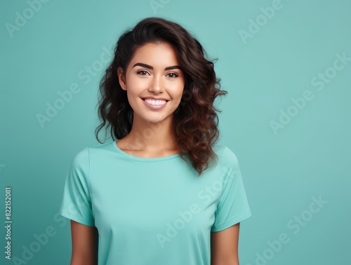 Turquoise background Happy european white Woman realistic person portrait of young beautiful Smiling Woman Isolated on Background ethnic diversity equality acceptance  © Zickert