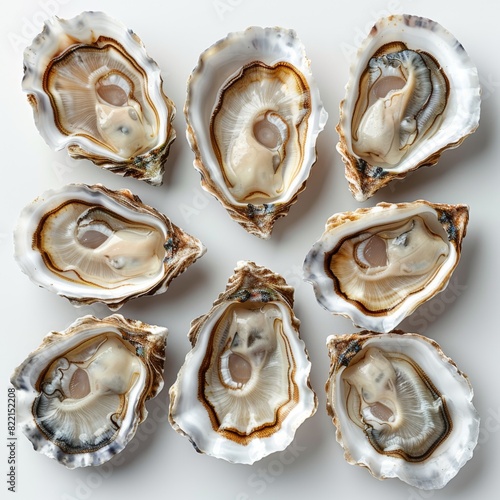 Open fresh shell raw molluscs delicious seafood shellfish collection, sea oysters fresh, isolated on white clean background.Fresh and Delicious Seafood Collection - Mouthwatering Oysters, Exquisite Sh