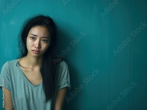 Turquoise background sad Asian Woman Portrait of young beautiful bad mood expression Woman Isolated on Background depression anxiety fear burn out health issue problem mental 