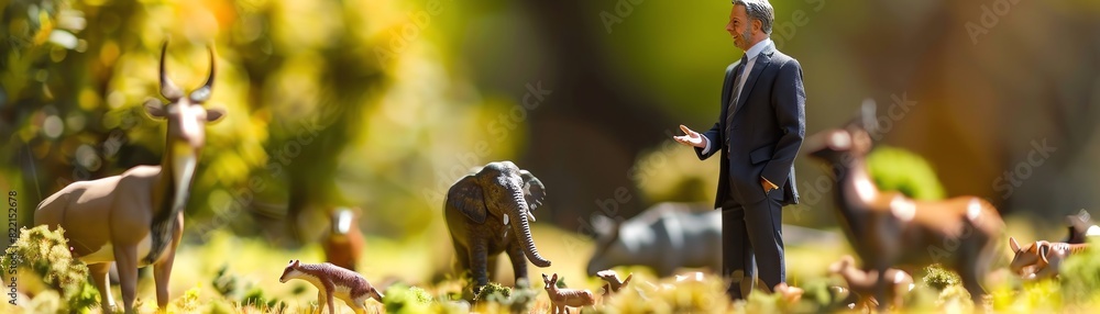 Businessman in suit talking to toy animals, miniature diorama Businessman in suit talking to toy animals, miniature diorama