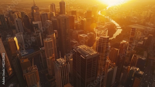 Aerial view of a city skyline at sunset, with skyscrapers reflecting the warm light and bustling streets below