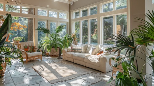 A sun-drenched conservatory with floor-to-ceiling windows, indoor plants and comfortable seating