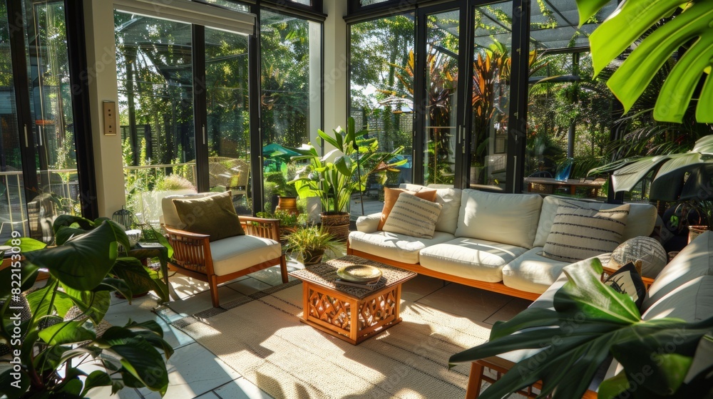 A sun-drenched conservatory with floor-to-ceiling windows, indoor plants and comfortable seating A sun-drenched conservatory with floor-to-ceiling windows, indoor plants and comfortable seating