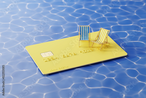 Using a credit card for paying the summer vacation concept. Two beach folding chairs on an oversized credit card with surrounding blue swimming pool water.