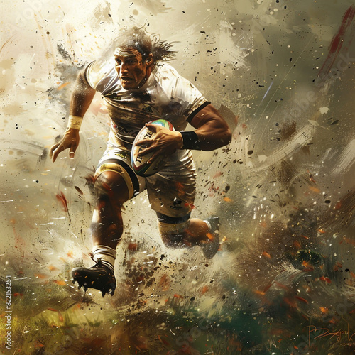 A rugby player charges forward, breaking through the opposing team's defense like a bulldozer.