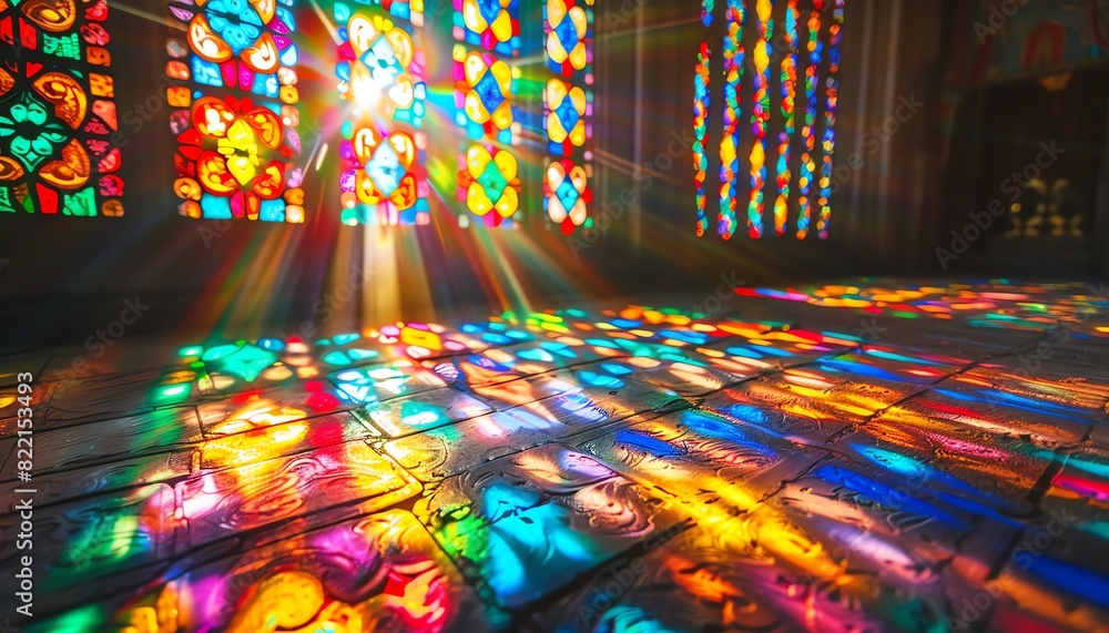 Obraz premium Sunlight streaming through stained glass windows, casting colorful patterns