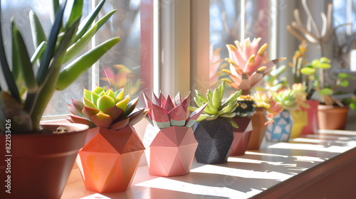 A variety of succulents in different colored pots sit on a white ledge by a window. photo