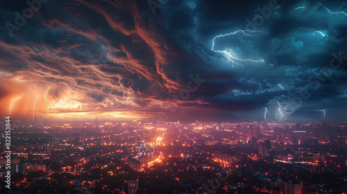 A city aglow with lights against a backdrop of lightning-filled skies, capturing the dramatic clash of urban illumination and natural forces. photo