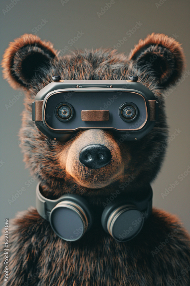 Fototapeta premium Smart bear wearing headset and Vintage glasses