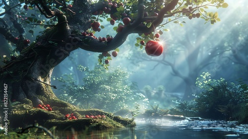 Enchanted apple tree in a dark forest for fantasy or fairytale themed designs