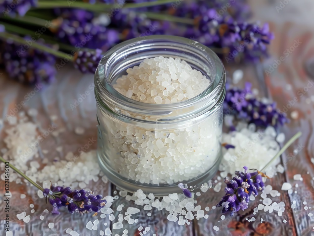 A set of lavenderinfused bath salts in a clear glass jar A set of lavenderinfused bath salts in a clear glass jar