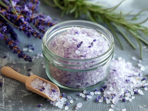 A set of lavenderinfused bath salts in a clear glass jar photo