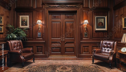 Visualize a traditional panel office door with a rich mahogany finish and classic hardware
