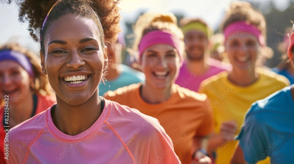 Close-up: A diverse group of runners wearing colorful charity shirts Close-up: A diverse group of runners wearing colorful charity shirts