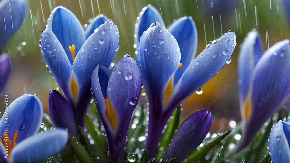 Fototapeta premium Close up of Spring flowers of blue crocuses in drops of water