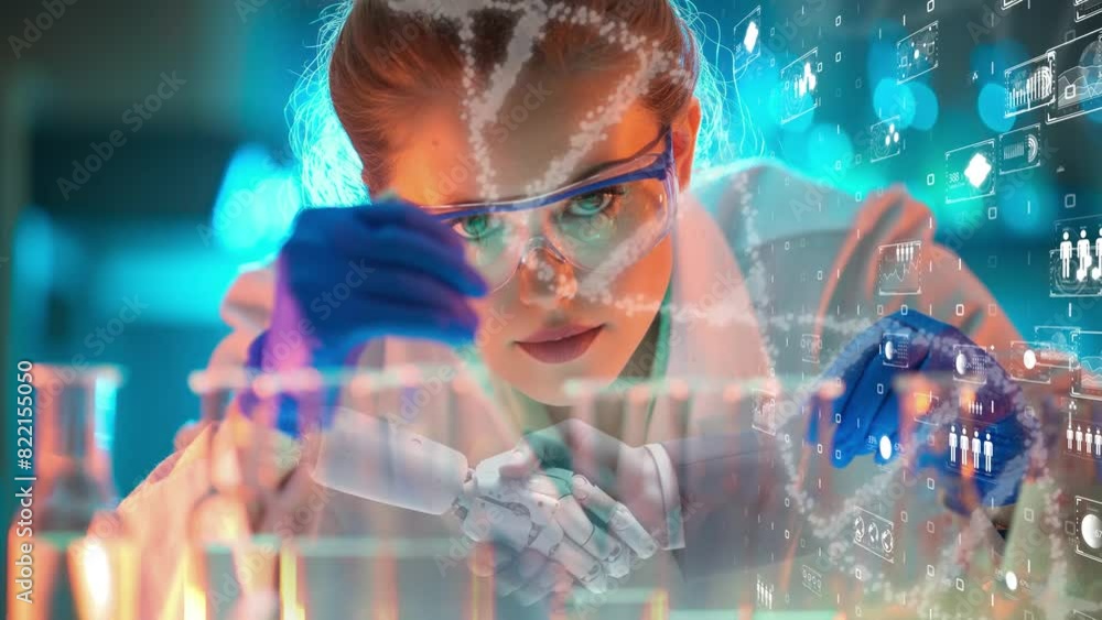 Scientist using AI technology in a modern lab, analyzing data, digital interface. Scientist using AI technology in a modern lab, analyzing data, digital interface.