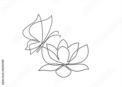 Lotus flower and butterfly isolated on white background. Continuous line drawing