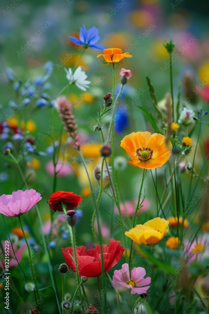 Obraz premium Close-up of a cluster of wildflowers with different textures and colors, showcasing their intricate beauty and diversity