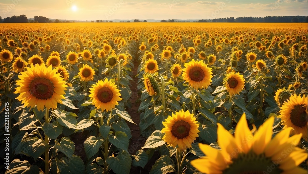 This is an image of a field of sunflowers, with a bright yellow center and dark brown outer petals. The sunflowers are arranged in neat rows, stretching off into the distance. The sun is setting in th