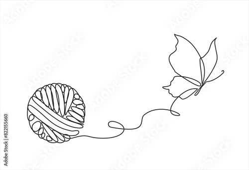 Chaos and butterfly, abstract minimalist concept vector illustration. Metaphor of disorganized difficult problem found solution, mess with single continuous tangle thread in need of unraveling.	