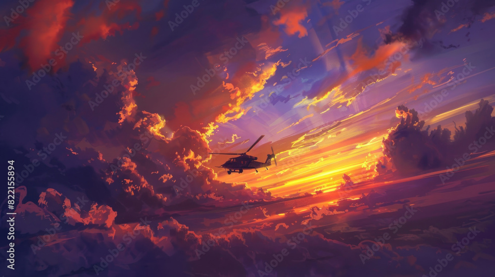 A dynamic angle capturing the Apache ascending into a sky painted with streaks of orange and purple, its formidable presence a stark contrast to the peaceful close of the day.