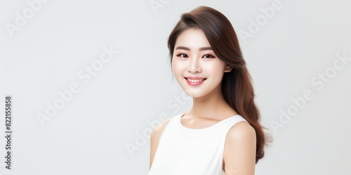 White background Happy Asian Woman Portrait of young beautiful Smiling Woman good mood Isolated on Background Skin Care Face Beauty Product Banner with copyspace blank 