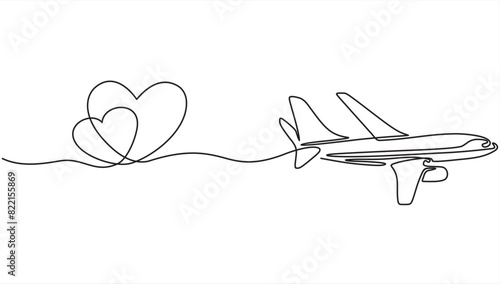 Continuous one line drawing of airplane path in heart form. One single line airplane route with start point and hearted way, aircraft with heart shaped trace. Vector illustration.