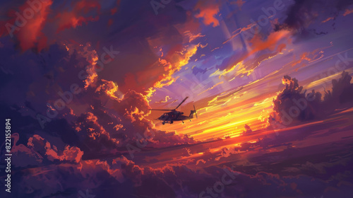 A dynamic angle capturing the Apache ascending into a sky painted with streaks of orange and purple, its formidable presence a stark contrast to the peaceful close of the day.