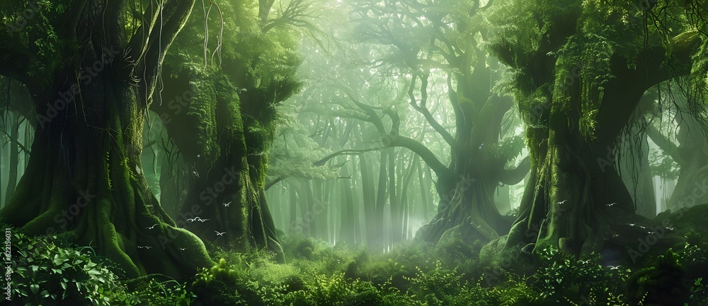 Fototapeta premium Surreal Forest with Lush Greenery and Ancient Trees