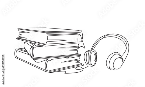 Book with headphones continuous line drawing. Audio reading linear concept. Audiobook symbol. Vector illustration isolated on white.