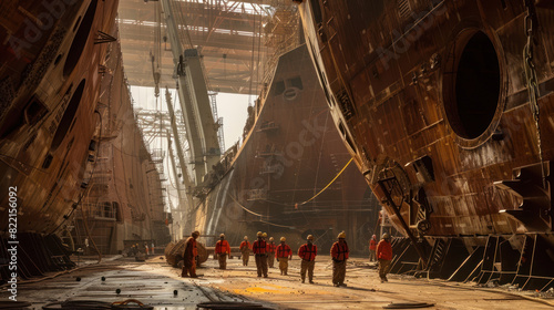 A dynamic shot of workers in a shipyard  the enormity of the vessels juxtaposed with the individuals  highlighting the human effort behind the construction of monumental structures.