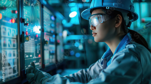 A factory worker in a chemical plant, examining real-time data on a control panel, ensuring smooth operation and compliance with safety standards. © NooPaew